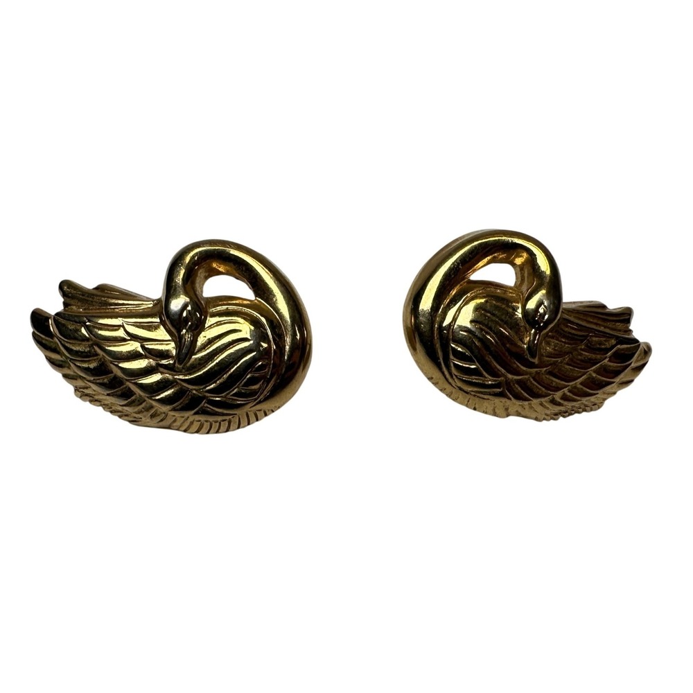 Vintage Gold Tone Swan Stud Earrings Textured Bird Animal Motif Statement